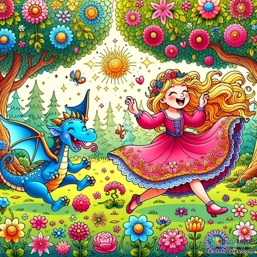 Une illustration sous forme de dessin destinée aux enfants représentant un jardin enchanté aux couleurs vives, rempli de fleurs dansantes et de grands arbres aux feuilles scintillantes, où une princesse joyeuse aux cheveux longs et dorés, vêtue d'une robe rose éclatante, court en riant aux côtés d'un petit dragon bleu aux grandes ailes, qui tente de s'envoler tout en tombant dans un tas de fleurs, illustrant ainsi leur amitié et leur esprit d'aventure dans un moment de pur bonheur.