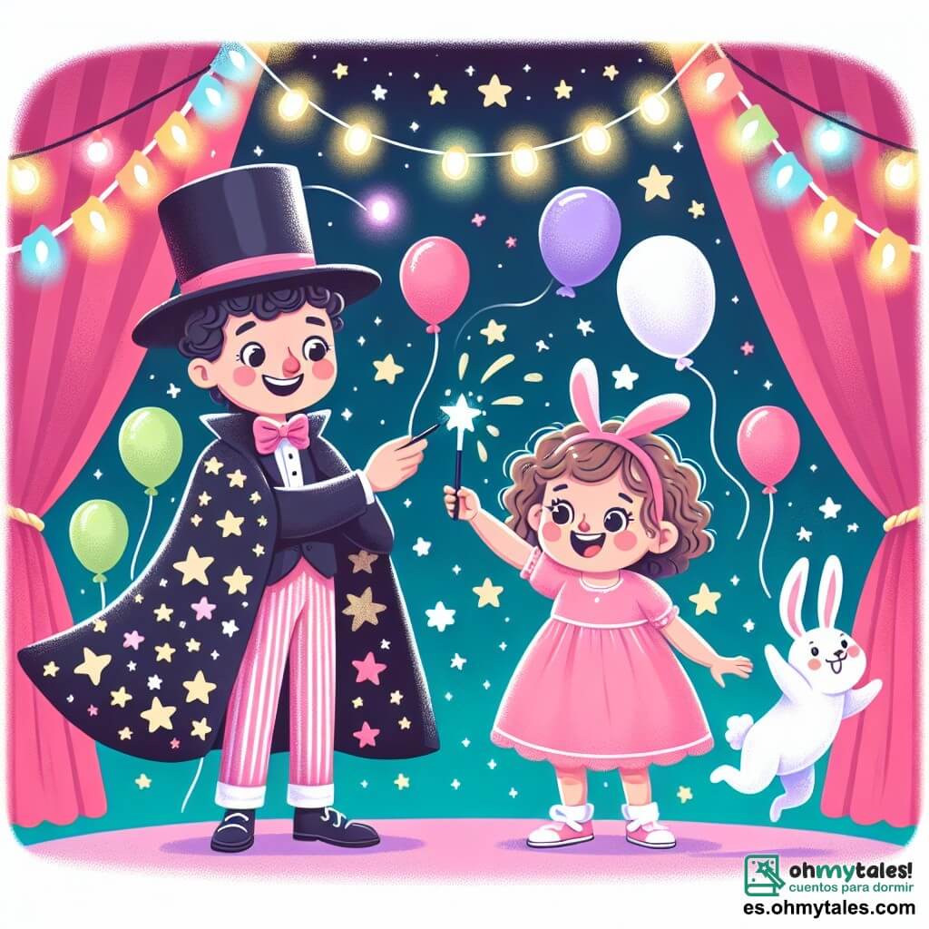 Une illustration sous forme de dessin destinée aux enfants représentant un cirque coloré avec des lumières scintillantes et des ballons flottants, où une petite fille de 1 an aux cheveux bouclés et aux yeux pétillants, vêtue d'une robe rose, agite une petite varité magique avec enthousiasme, tandis qu'un magicien souriant, portant un grand chapeau noir et une cape étoilée, se tient à ses côtés, tenant un adorable lapin blanc qui semble sauter joyeusement, capturant l'instant magique où la petite fille découvre la magie du cirque.