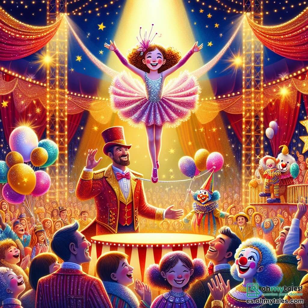 Ilustración que representa una escena vibrante dentro de una gran carpa de circo, con colores brillantes de rojo y oro. En el centro, una niña de 11 años, con cabello rizado y castaño, lleva un traje brillante de color rosa y plata, caminando con gracia sobre una cuerda floja, con una sonrisa radiante en su rostro. Abajo, un hombre alto y delgado, de unos 40 años, con un sombrero de copa y una gran sonrisa, observa con orgullo, mientras un payaso jovial, de unos treinta años, con cabello de colores y nariz roja, hace muecas para entretener al público. La escena está llena de espectadores maravillados, algunos aplaudiendo, otros sosteniendo globos multicolores, mientras luces centelleantes iluminan el escenario, creando una atmósfera mágica y alegre. Animales de circo, como un majestuoso león y un elefante de grandes orejas, añaden emoción a esta representación llena de vida y sueños.