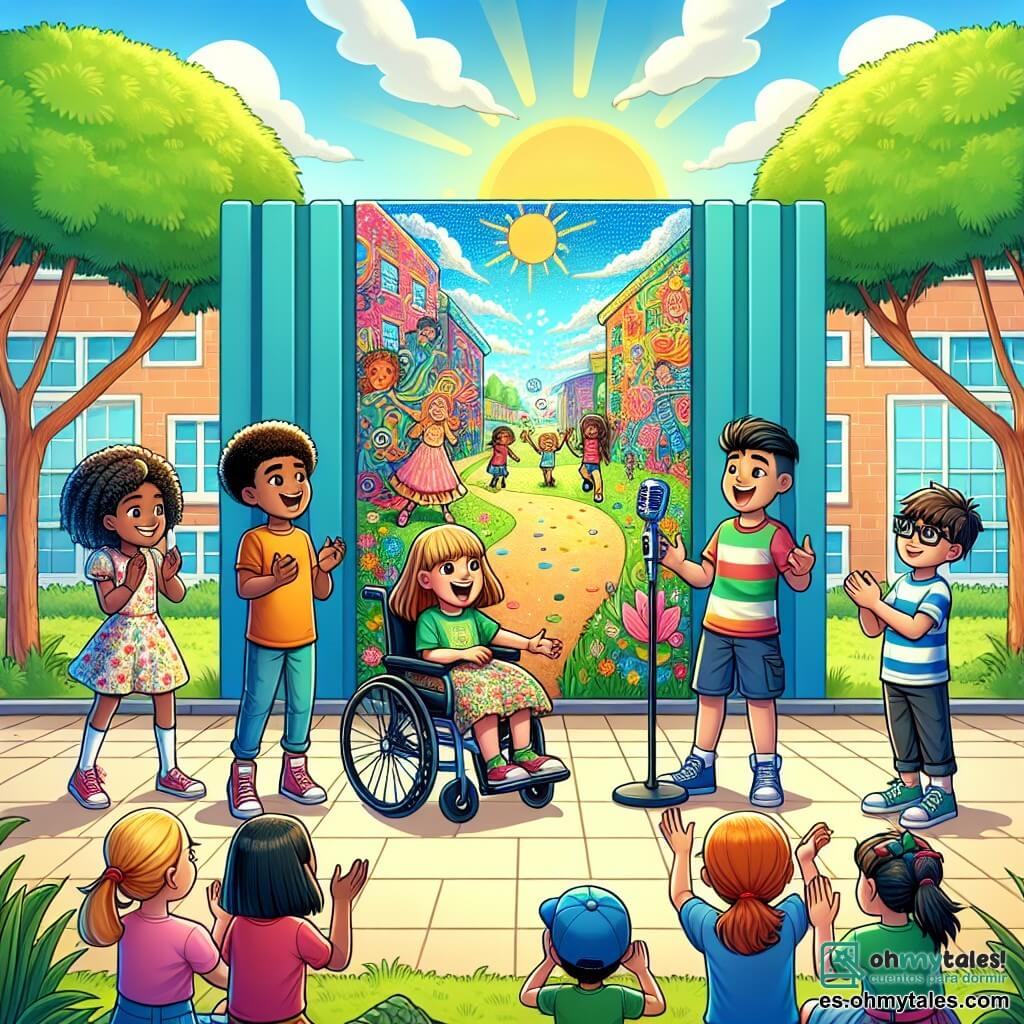 Ilustración que representa una escena vibrante en el patio de una escuela soleada, rodeada de grandes árboles de hojas verdes y un cielo azul brillante. En el centro, un grupo de cuatro niños se encuentra frente a un gran muro colorido, donde se está revelando un hermoso mural sobre la igualdad de género. Hay dos niñas, una de aproximadamente 10 años con cabello rizado y mucha energía, que lleva una camiseta colorida y un short, sonriendo alegremente mientras sostiene un micrófono. A su lado, otra niña, también de 10 años, con cabello largo y liso, en silla de ruedas, que mira el mural con orgullo, vestida con un vestido de flores. Frente a ellas, dos niños de 10 años, uno con cabello corto y una sonrisa traviesa, con una camiseta a rayas, y el otro con gafas y cabello desordenado, vestido con una sudadera con capucha. Aplauden y parecen encantados, mostrando su apoyo a la iniciativa. El mural detrás de ellos representa a niños de diferentes orígenes, jugando juntos y compartiendo actividades, simbolizando la igualdad y la inclusión. Globos coloridos flotan en el aire, y compañeros de clase se reúnen alrededor, todos sonriendo, creando una atmósfera de alegría y camaradería.