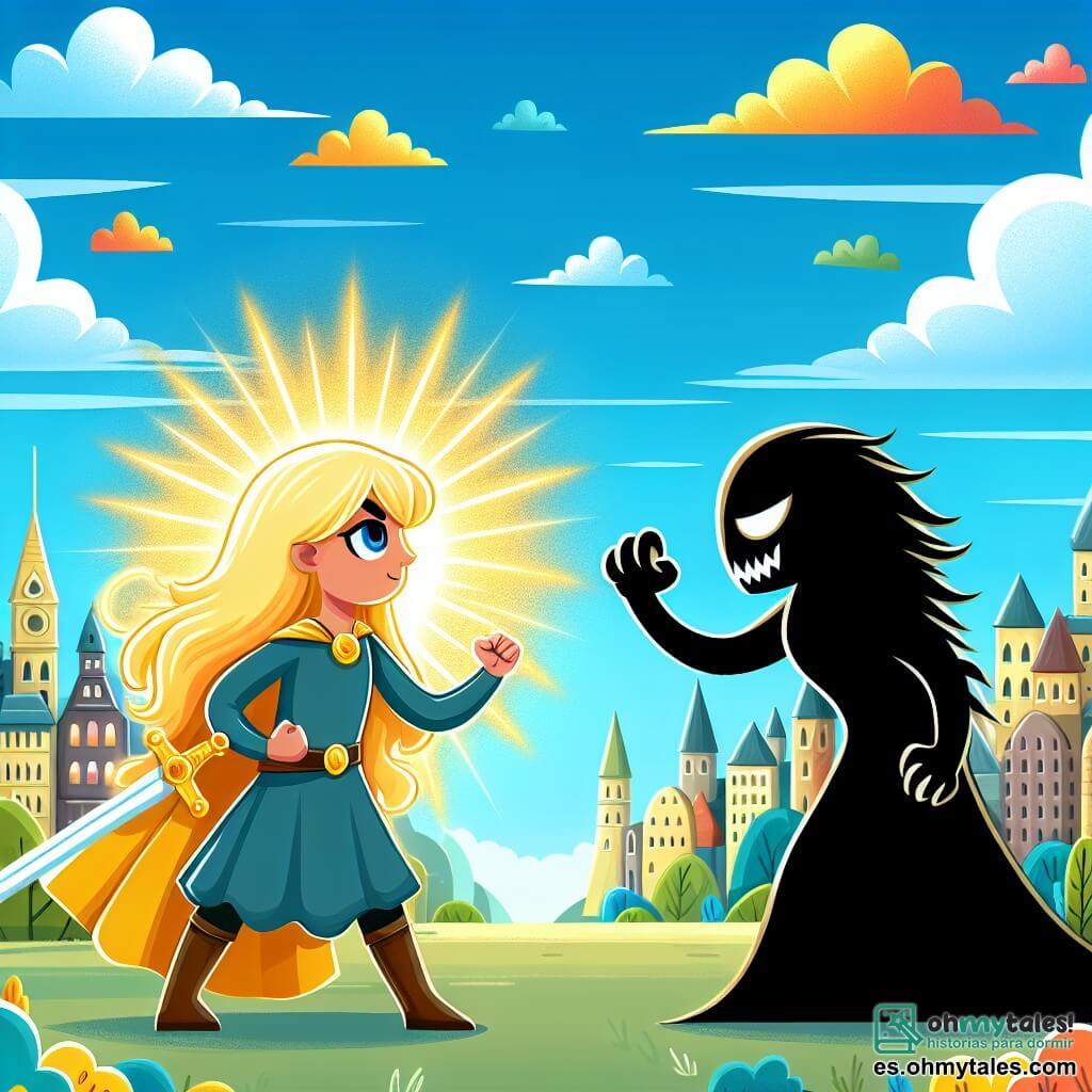 Une illustration destinée aux enfants représentant une femme courageuse aux cheveux dorés brillant comme le soleil, affrontant un ennemi sinistre des ombres, avec la ville de Cristalia en arrière-plan, ses rues éclatantes et ses bâtiments reluisants sous un ciel bleu éclatant et des nuages colorés comme des bouffées de coton.