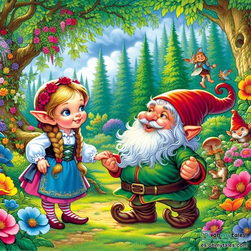Une illustration destinée aux enfants représentant une petite elfe malicieuse se retrouvant dans une situation hilarante en compagnie d'un drôle de lutin, dans un magnifique bosquet enchanté rempli de fleurs aux couleurs vives, d'arbres majestueux et de petits animaux curieux.