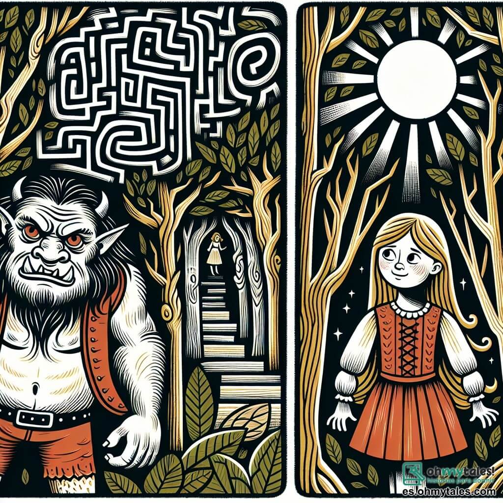 Une illustration destinée aux enfants représentant un ogre au regard féroce se tenant devant un labyrinthe de sombres, accompagné d'une courageuse petite fille aux cheveux dorés, dans le mystérieux Bosque de los Susurros où les arbres chantent et les rayons du soleil dansent entre les branches.