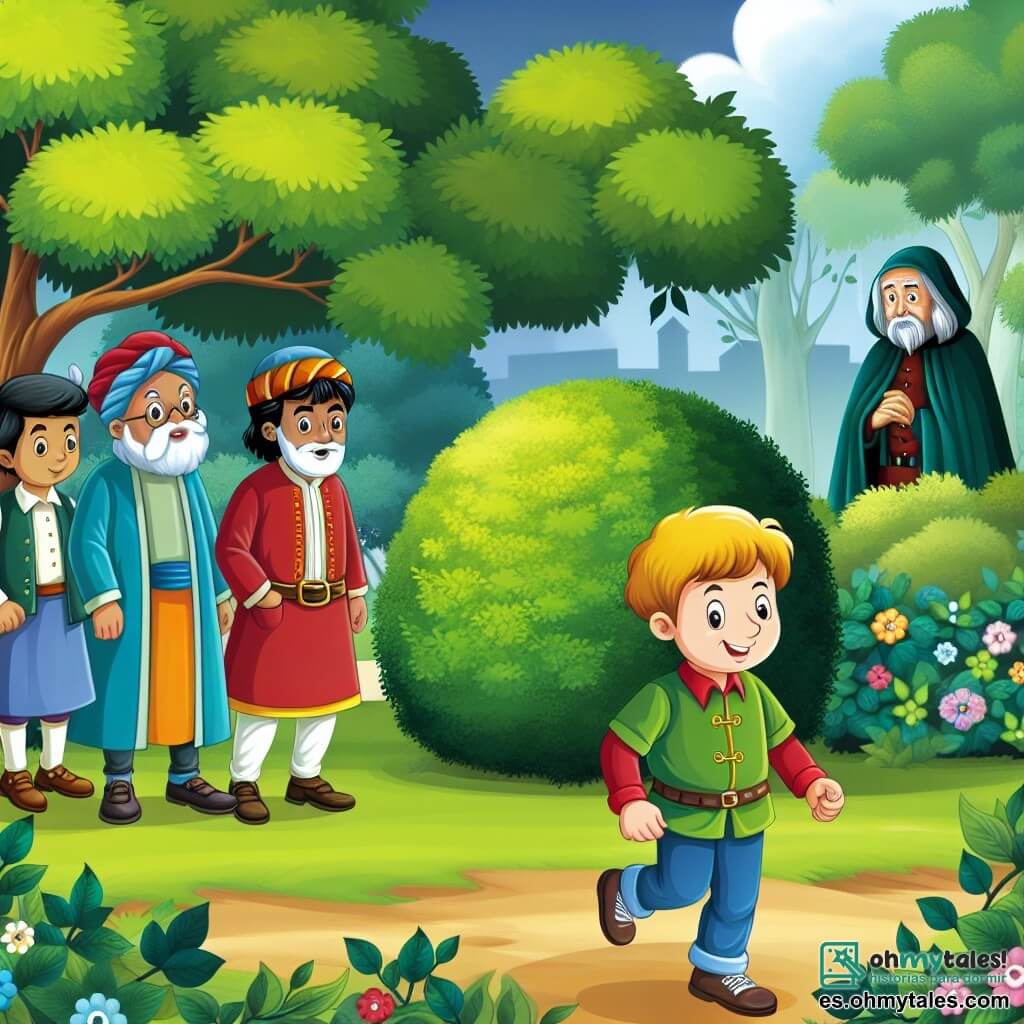 Une illustration destinée aux enfants représentant un garçon espiègle se trouvant dans un parc verdoyant, accompagné de ses amis, devant un arbuste mystérieux, où se cache un secret.