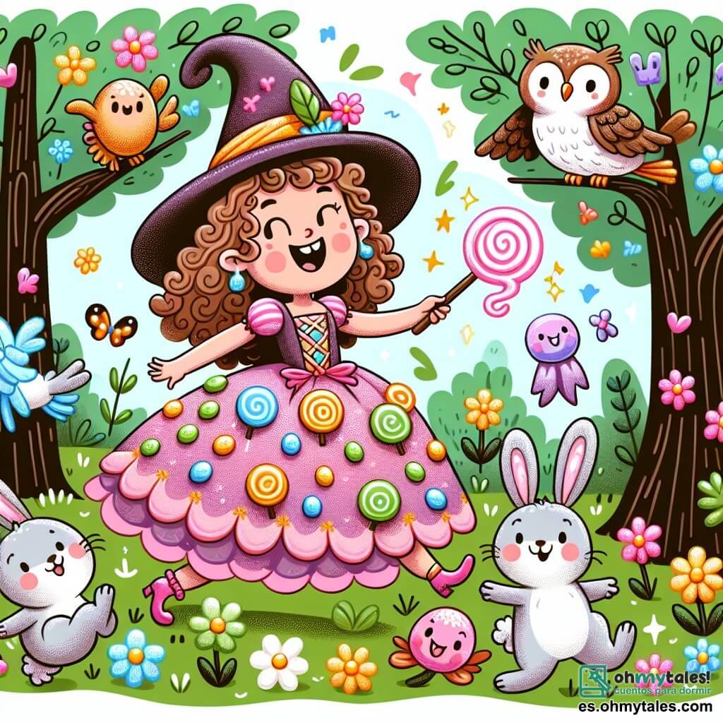 Une illustration sous forme de dessin destinée aux enfants représentant une forêt enchantée, avec des arbres aux visages souriants et des fleurs dansantes, où une jeune sorcière aux cheveux bouclés et colorés, vêtue d'une robe en bonbons, agite sa baguette magique en forme de chicle pour faire rire des petits lapins aux grandes oreilles qui sautent joyeusement autour d'elle, tandis qu'un hibou sage aux lunettes perchées sur une branche les observe avec amusement, capturant l'instant magique d'une fête pleine de rires et de joie.