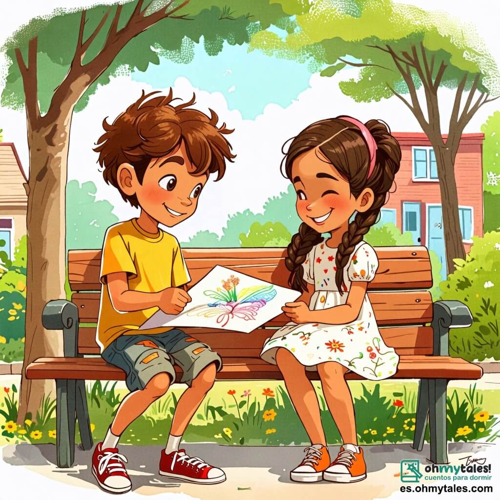 Une illustration sous forme de dessin destinée aux enfants représentant un parc animé dans un quartier populaire, où un garçon de 10 ans, aux cheveux bruns en désordre et portant un t-shirt usé et un short, sourit joyeusement tout en partageant un dessin coloré avec une fille de son âge, aux cheveux longs et tressés, vêtue d'une robe simple, alors qu'ils s'assoient sur un banc, entourés d'arbres verdoyants et de rires d'enfants, illustrant leur amitié et leur détermination à surmonter la pauvreté par la créativité et la solidarité.