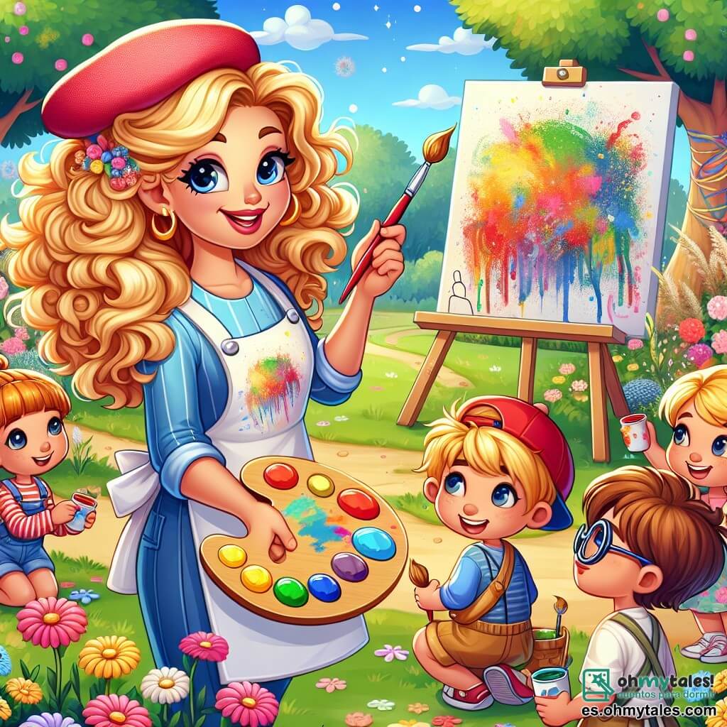 Une illustration sous forme de dessin destinée aux enfants représentant un parc coloré et vibrant, où une femme artiste aux cheveux bouclés et dorés, vêtue d'un delantal taché de peinture, enseigne à un groupe de quatre enfants : une fille aux couettes blondes qui sourit en tenant un pinceau, un garçon avec une gorra rouge qui observe attentivement, une fille aux cheveux bruns qui mélange des couleurs sur une palette, et un garçon avec des lunettes qui admire un grand mur de peinture qu'ils ont créé ensemble, tous entourés de fleurs éclatantes et de dessins colorés sur le sol, capturant la magie de la créativité et de l'amitié.