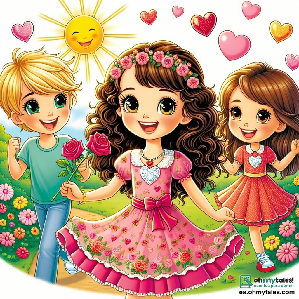 Une illustration sous forme de dessin destinée aux enfants représentant un parc ensoleillé décoré de cœurs et de ballons colorés, où une fille de 11 ans aux cheveux bruns et bouclés, vêtue d'une robe rose à fleurs, sourit joyeusement en tenant une rose rouge, entourée de ses deux amis : un garçon aux cheveux blonds et aux yeux pétillants, qui porte un t-shirt bleu, et une fille aux cheveux châtains et lisses, portant une diadème de cœurs, tous trois célébrant leur amitié avec des rires et des douceurs, illustrant le thème de la Saint-Valentin et la magie des liens d'amitié.