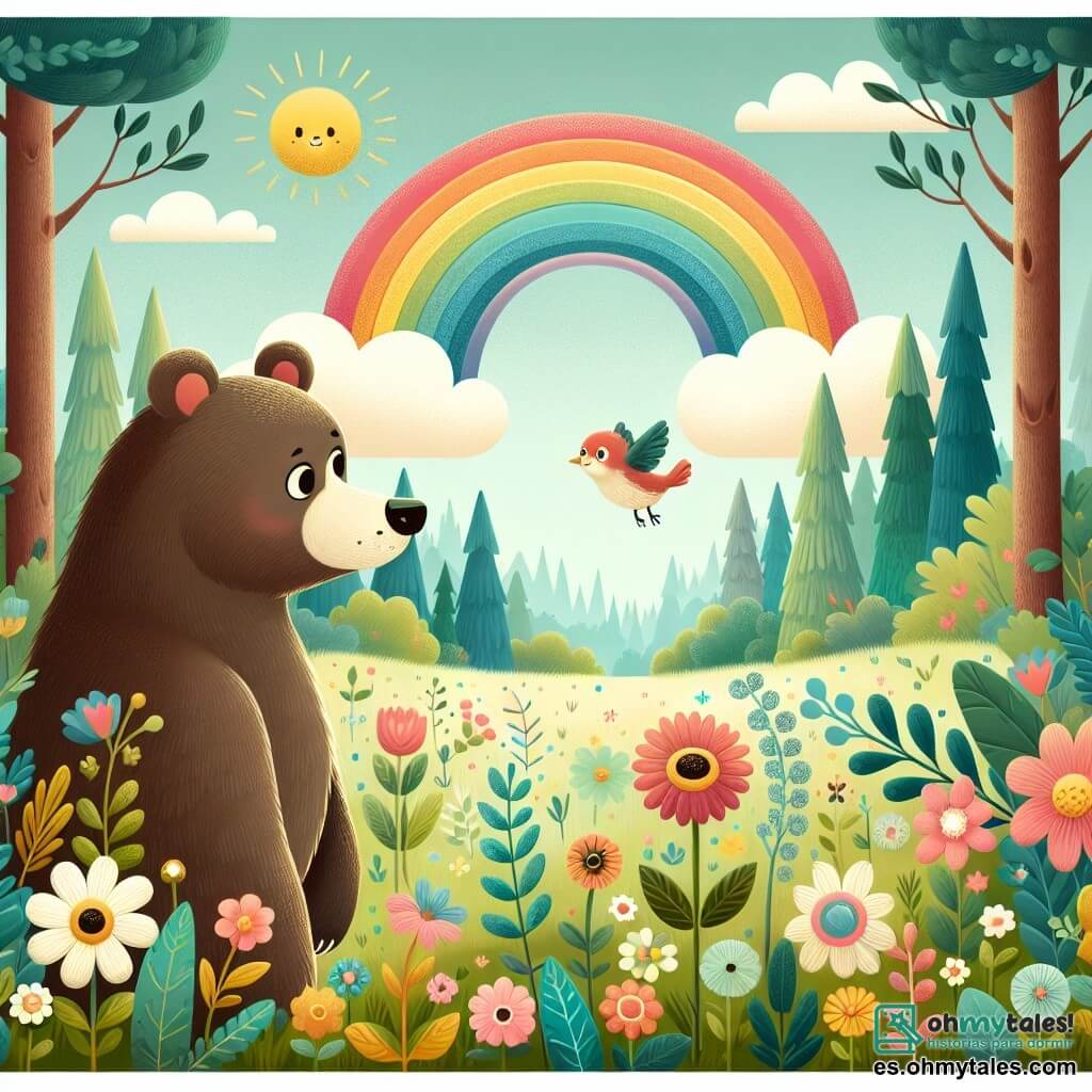 Une illustration destinée aux enfants représentant un ours curieux, se tenant debout au milieu d'une prairie fleurie, observant avec émerveillement un arc-en-ciel magique, tandis qu'un petit oiseau vole à ses côtés, dans une forêt enchantée aux arbres majestueux et aux couleurs chatoyantes.