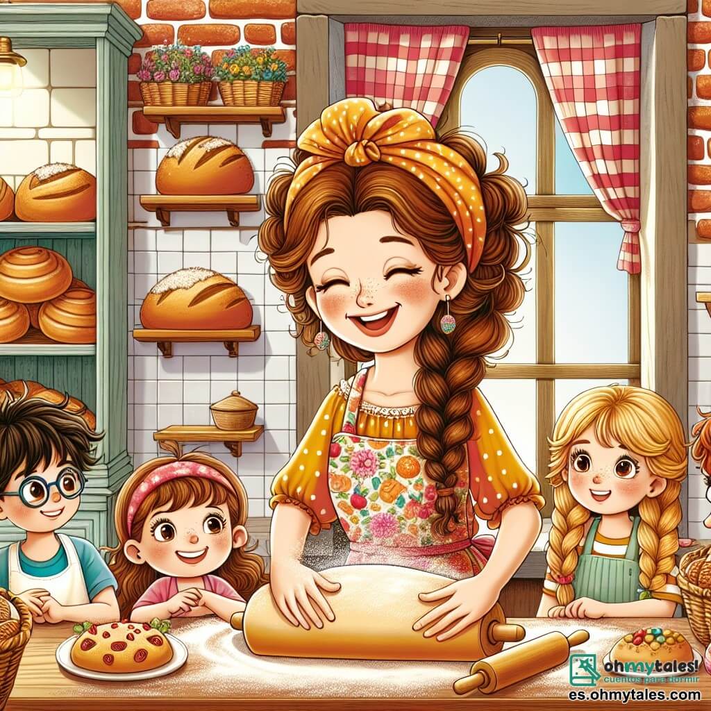 Ilustración que representa una encantadora panadería colorida, con paredes de ladrillo rojo y grandes ventanas adornadas con cortinas a cuadros. En el interior, estanterías de madera están llenas de panes dorados y pasteles decorados, mientras que un dulce aroma a pan fresco flota en el aire. En el centro de la escena, una mujer sonriente, de unos treinta años, con cabello castaño recogido en un moño desordenado, lleva un delantal colorido. Está amasando una masa de pan en una gran mesa de madera, con las manos cubiertas de harina, y su rostro irradia alegría y concentración. Alrededor de ella, cuatro niños, dos chicos y dos chicas, de entre 8 y 10 años, la están ayudando. Un chico de cabello rizado y marrón, con una camiseta amarilla, se divierte añadiendo trozos de fruta a la masa. Una chica de cabello rubio trenzado, vestida con un vestido de flores, observa con asombro. El otro chico, con gafas y camiseta azul, intenta darle forma a un pequeño pan en forma de dinosaurio, mientras que la última chica, de cabello negro y liso, ríe tratando de no salpicar harina. La escena captura el espíritu alegre y creativo de la panadería, donde las risas de los niños se mezclan con el olor del pan caliente, ilustrando un momento de compartir y aprender en la magia de la panadería. Detalles adicionales incluyen sacos de harina apilados en un rincón, utensilios de cocina coloridos y una luz suave que filtra a través de las ventanas, creando un ambiente cálido y acogedor.