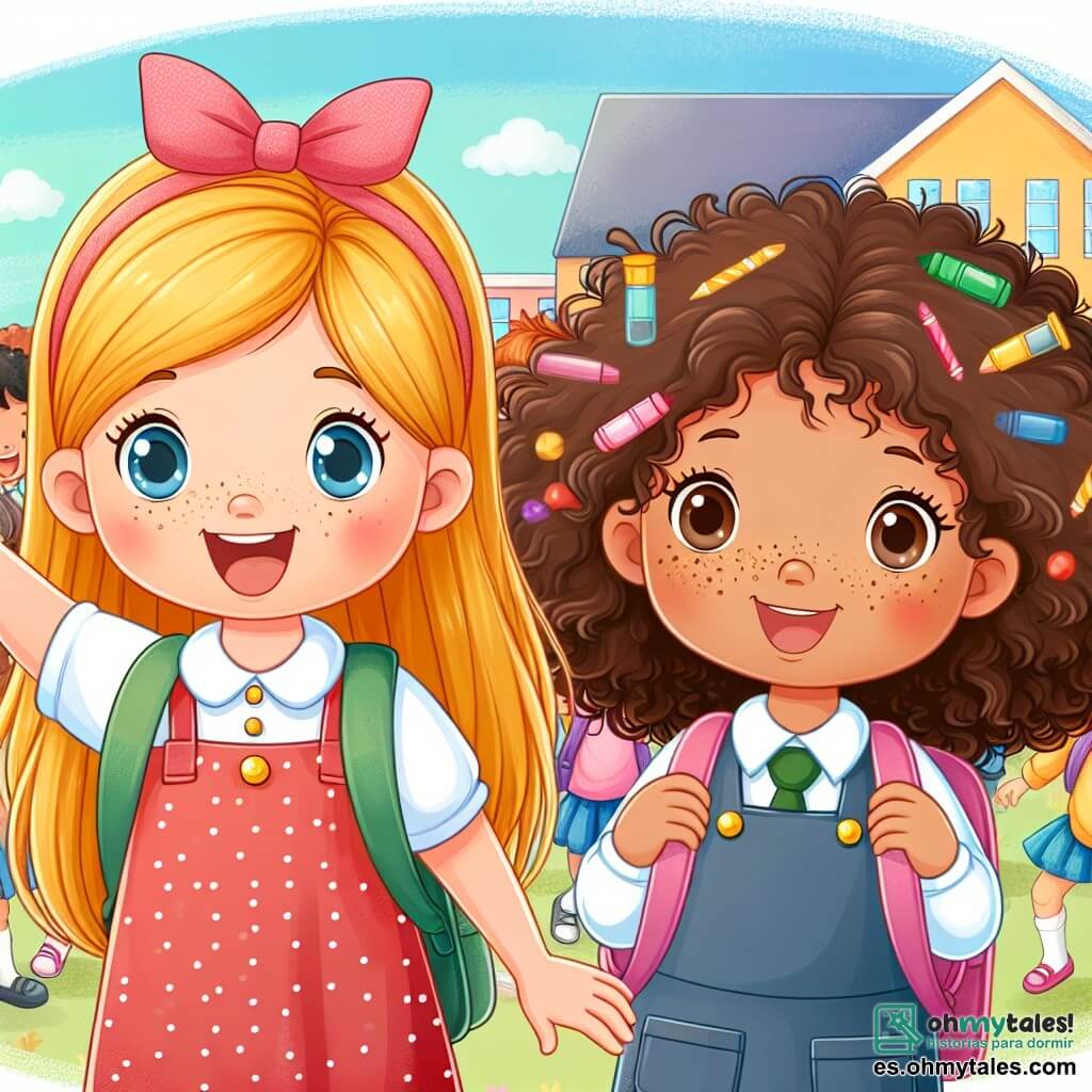 Une illustration destinée aux enfants représentant une jeune fille, pleine d'enthousiasme et d'appréhension, lors de sa première rentrée des classes, accompagnée d'une amie aux cheveux bouclés et tachetée de tâches de rousseur, dans une école colorée et joyeuse remplie d'enfants qui jouent et rient.