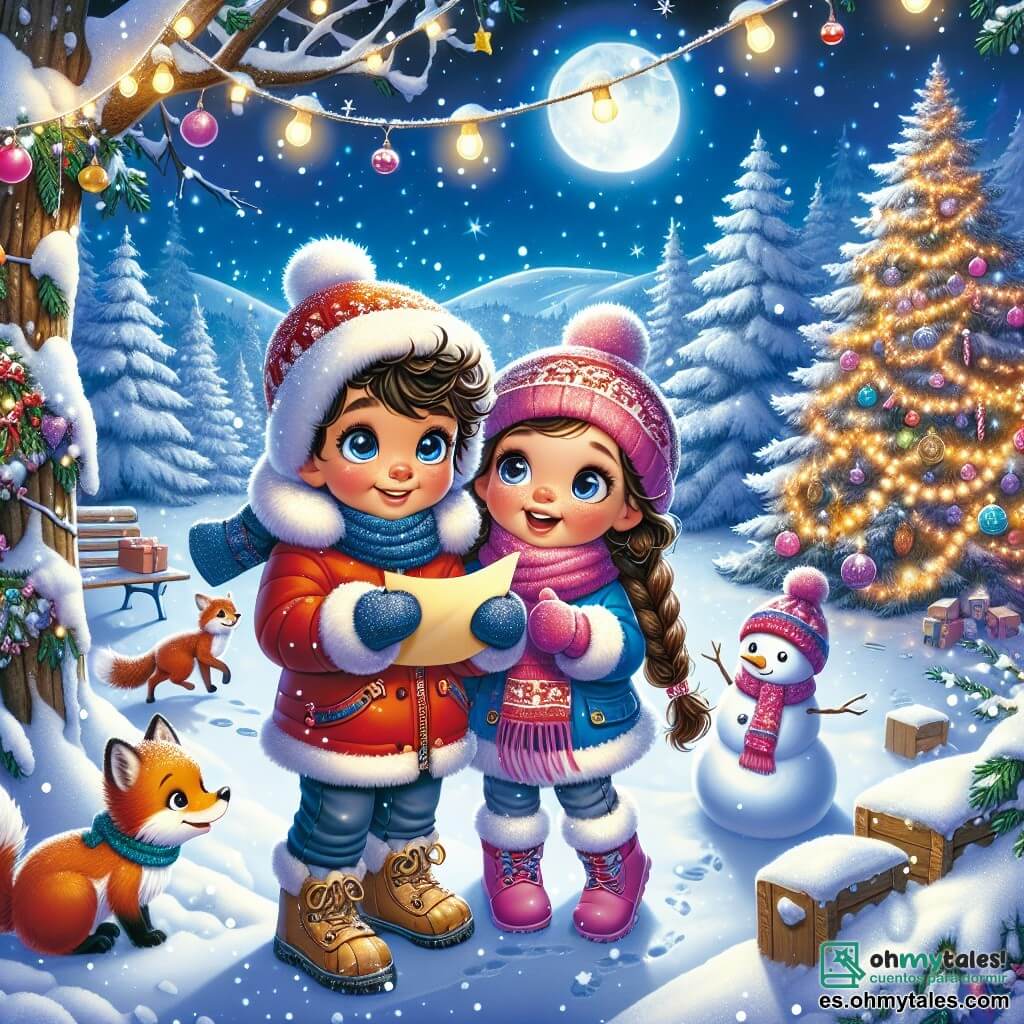 Ilustración que representa una mágica luz de luna en un bosque nevado, donde copos de nieve caen suavemente de las ramas de los majestuosos árboles, iluminados por guirnaldas de luces centelleantes. En el centro de la escena, un niño de 5 años con cabello rizado y ojos brillantes, vestido con un abrigo rojo vivo, botas de nieve y un gorro de lana, sostiene una carta de papel dorado, su rostro radiante de emoción y determinación. A su lado, una niña de 5 años con largas trenzas castañas, vestida con un abrigo azul y una bufanda rosa, sonríe alegremente mientras construye un muñeco de nieve, con sus mejillas sonrojadas por el frío. Juntos, se encuentran frente a un gran árbol de Navidad decorado con bolas de colores y guirnaldas, mientras un zorro de ojos traviesos los observa, curioso. La atmósfera está llena de magia y alegría, capturando el espíritu navideño y la aventura de la amistad.