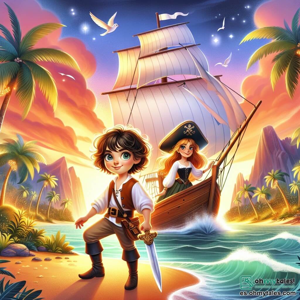 Une illustration destinée aux enfants représentant une jeune fille intrépide aux cheveux bouclés et aux yeux pétillants, naviguant sur un majestueux voilier aux voiles blanches, à la recherche d'un trésor caché sur une île mystérieuse, entourée de palmiers dansants et de plages dorées, avec à ses côtés une femme courageuse, sa capitaine, qui manie l'épée avec aisance, tandis que le ciel s'illumine de couleurs éclatantes au coucher du soleil.