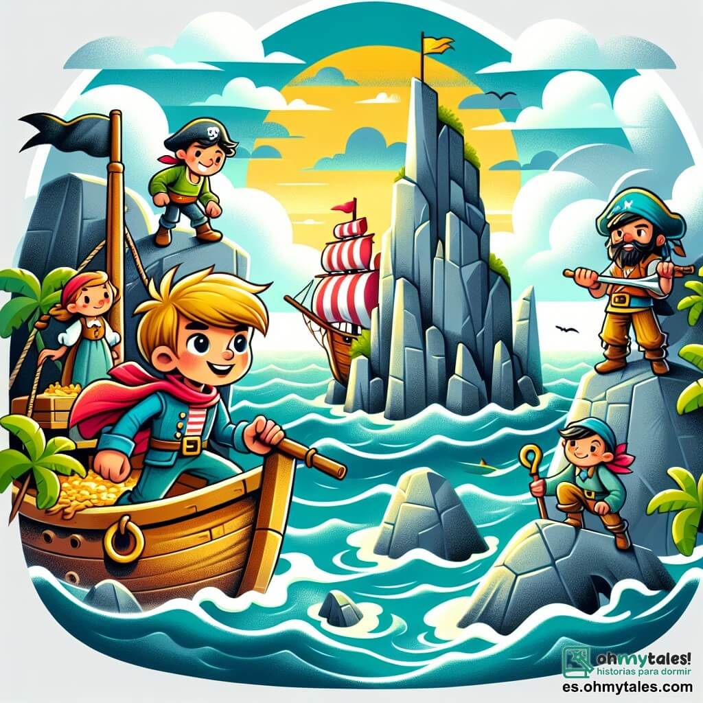 Une illustration destinée aux enfants représentant un jeune garçon courageux, son équipage fidèle et une île mystérieuse entourée de rochers acérés, tous en quête d'un trésor légendaire.