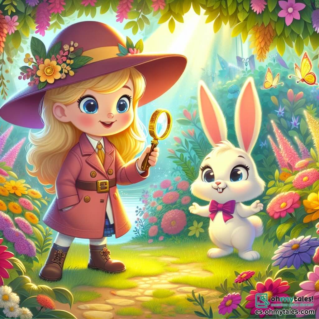 Une illustration sous forme de dessin destinée aux enfants représentant un jardin enchanté rempli de fleurs colorées, où une petite fille de 5 ans aux cheveux dorés et aux yeux bleus, portant un grand chapeau de détective et tenant une loupe magique, examine attentivement une plume dorée trouvée sur le sol, tandis qu'à ses côtés, un petit lapin blanc aux grandes oreilles, avec une expression curieuse, l'encourage à résoudre le mystère de la disparition de la mariposa magique, le tout baigné dans une lumière douce et joyeuse, évoquant l'aventure et l'amitié.