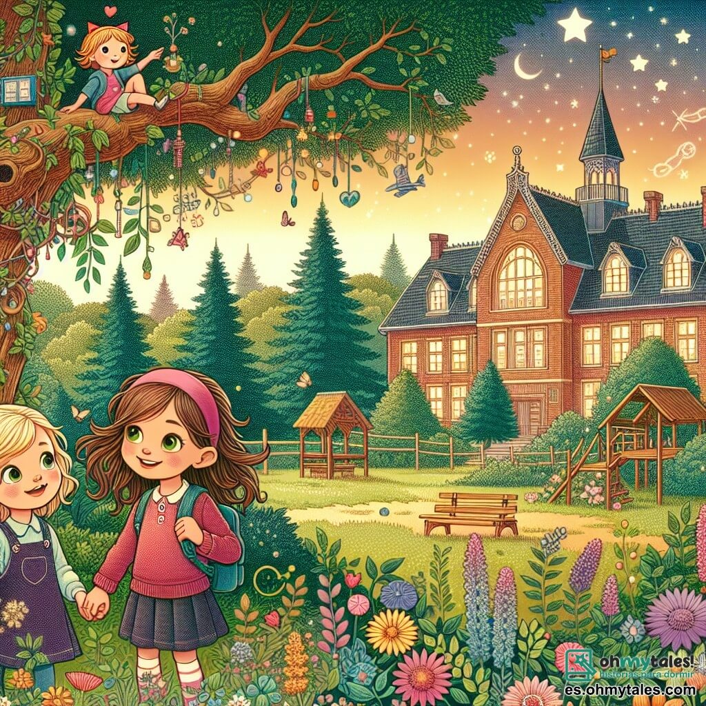 Une illustration destinée aux enfants représentant une jeune fille curieuse, une nouvelle amie, une école colorée entourée d'arbres et d'une casita du arbre magique.