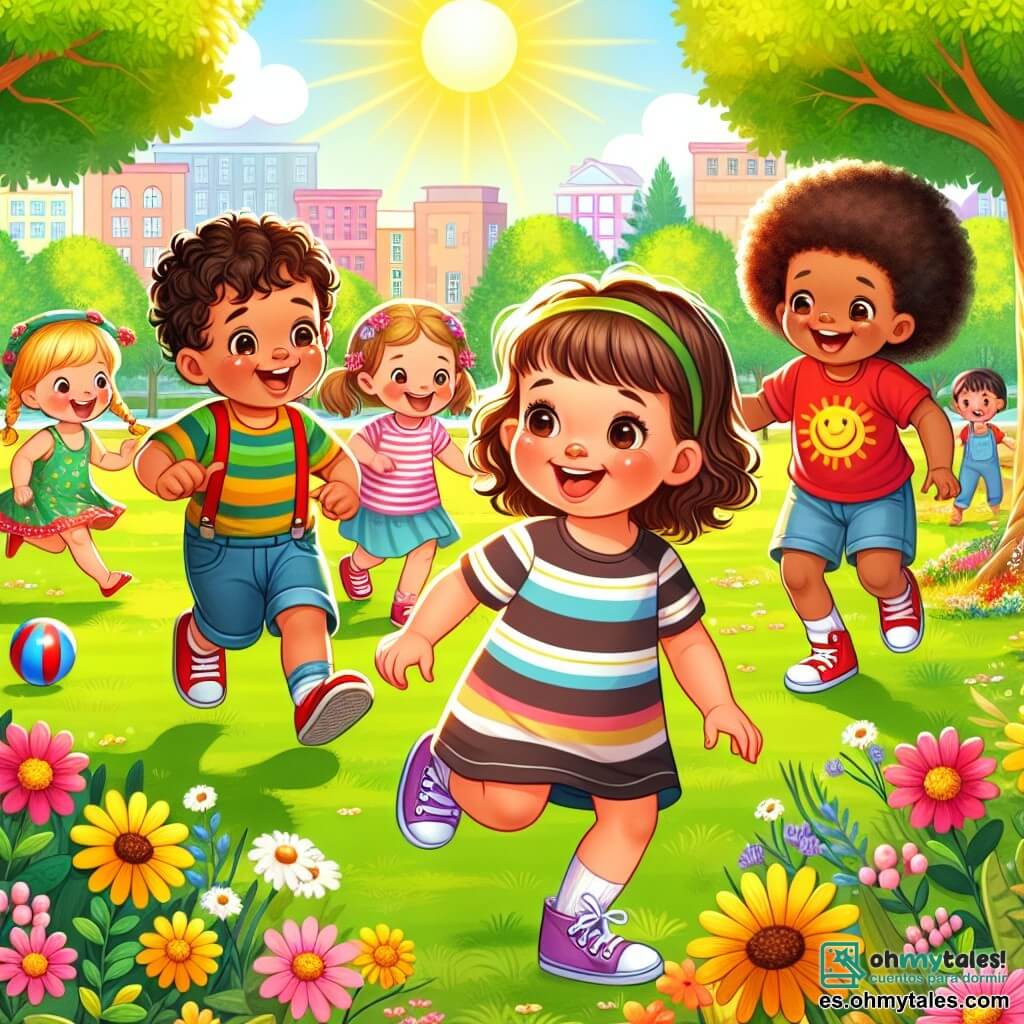 Ilustración que representa un parque soleado, lleno de flores coloridas y árboles frondosos. En el centro de la escena, una niña de 3 años, con grandes ojos curiosos y cabello rizado, lleva una camiseta a rayas y zapatos coloridos. Ella juega alegremente con un grupo de niños, corriendo tras un balón. Entre ellos, un niño de 4 años con cabello castaño y una camiseta roja, que ríe al lanzar la pelota, y una niña de 5 años con trenzas, vestida con un vestido amarillo, que se prepara para atrapar el balón. La situación principal muestra a los niños divirtiéndose juntos, ilustrando el espíritu de igualdad y camaradería, con sonrisas brillantes y un ambiente alegre. Al fondo, los padres observan con orgullo, añadiendo un toque de calidez y apoyo a este hermoso día de juegos.