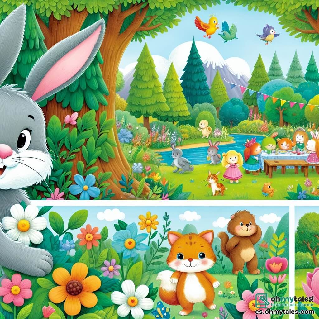 Une illustration destinée aux enfants représentant un lapin malicieux, une fête en plein air avec des amis animaux, un chat curieux et un bosquet enchanté rempli de fleurs colorées et d'arbres majestueux.