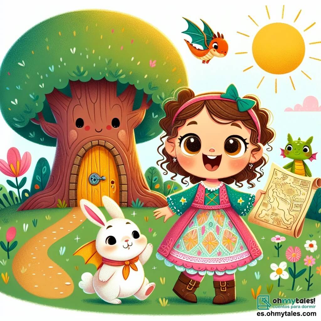 Une illustration sous forme de dessin destinée aux enfants représentant un parc ensoleillé avec un grand arbre au tronc large et une porte magique, où une petite fille de 3 ans aux cheveux bouclés et aux yeux pétillants, vêtue d'une robe colorée, se tient avec un grand sourire, tenant un vieux mappe de trésor dans ses mains, tandis qu'un petit lapin blanc aux grandes oreilles et un dragon miniature aux écailles scintillantes flottent joyeusement autour d'elle, tous trois prêts à partir à l'aventure à la recherche d'un trésor caché.
