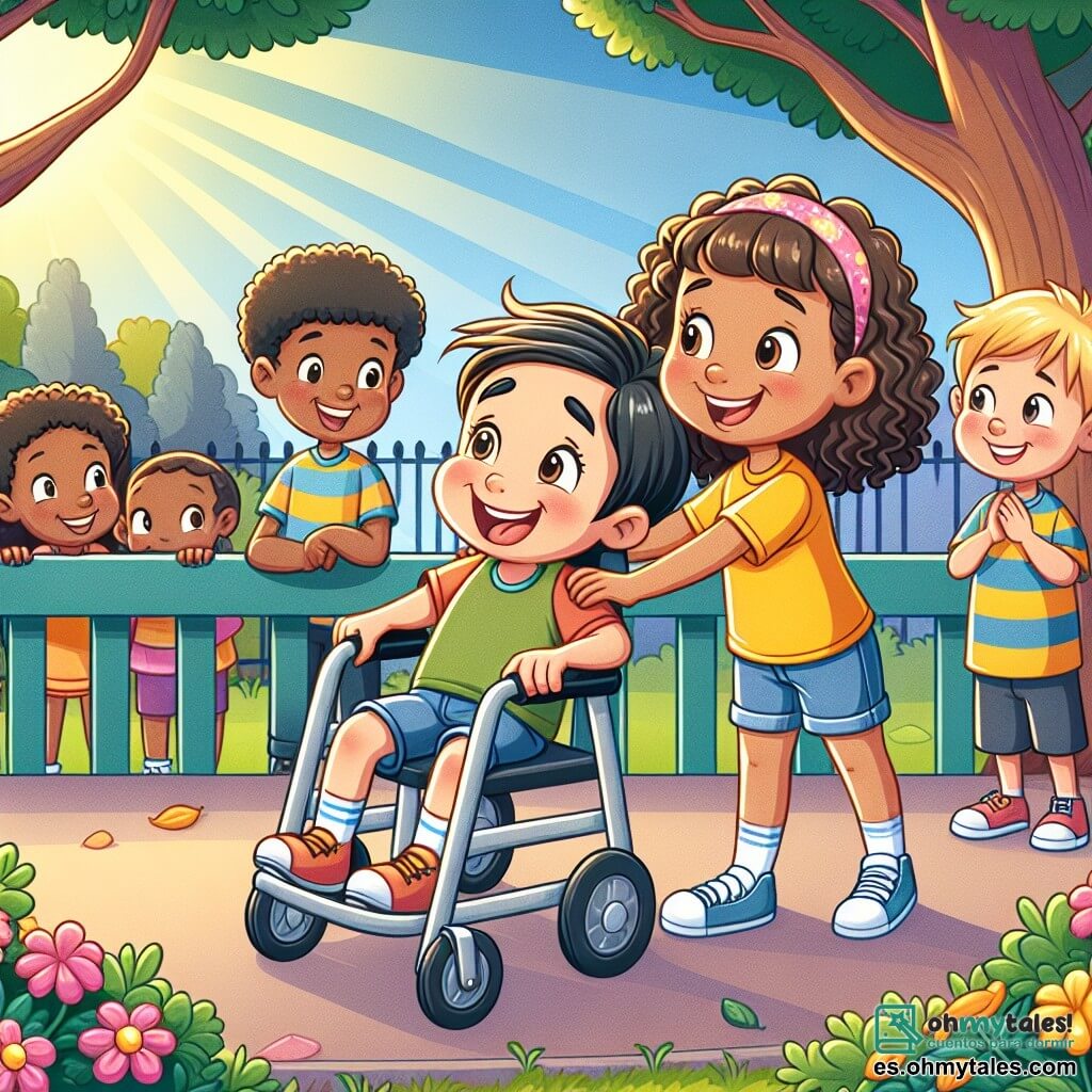 Une illustration sous forme de dessin destinée aux enfants représentant un parc ensoleillé, rempli de fleurs colorées et d'arbres majestueux, où une fille de 11 ans aux cheveux bruns et bouclés, portant un t-shirt jaune et un short en jean, sourit joyeusement en tenant la main d'un garçon de 11 ans avec un andateur, qui rit en essayant de grimper sur une structure de jeu, tandis qu'un groupe d'enfants les observe avec des expressions d'encouragement et d'amitié, illustrant la beauté de l'inclusion et de la camaraderie.
