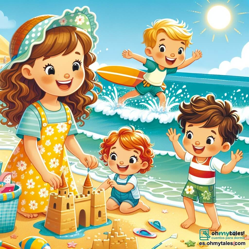 Une illustration sous forme de dessin destinée aux enfants représentant une plage ensoleillée avec du sable doré et des vagues douces, où une fille de 7 ans aux cheveux bruns et bouclés, portant une robe à fleurs jaunes, construit un château de sable avec enthousiasme, tandis qu'un garçon de 10 ans aux cheveux blonds et courts, tenant une planche de surf, s'apprête à plonger dans l'eau, et une autre fille aux cheveux roux et frisés, souriante, les rejoint pour les aider, créant une scène joyeuse et amicale pleine de rires et de découvertes estivales.