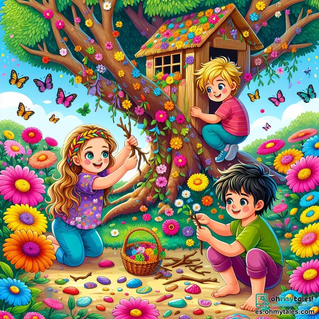 Ilustración que representa un jardín colorido, lleno de flores brillantes en tonos vivos de rosa, amarillo y azul, con un gran árbol en el centro, cuyas ramas se extienden ampliamente. Bajo este árbol, tres niños están construyendo una pequeña casa en las ramas. Hay un niño de cuatro años, con cabello castaño y ojos brillantes, que sube por una rama, sosteniendo una larga rama que coloca con cuidado. A su lado, una niña de cuatro años, con trenzas rubias y una sonrisa radiante, está agachada, decorando el suelo con hojas y piedras de colores. Otro niño, más pequeño, con cabello negro desordenado y ojos curiosos, sostiene una pequeña cesta llena de flores multicolores, listo para colgarlas en la casa. La escena muestra a los niños colaborando alegremente, riendo y animándose mutuamente, ilustrando así la importancia de la igualdad de género y el trabajo en equipo. En el fondo, mariposas vuelan alrededor de las flores, añadiendo un toque de magia a la atmósfera juguetona del jardín.