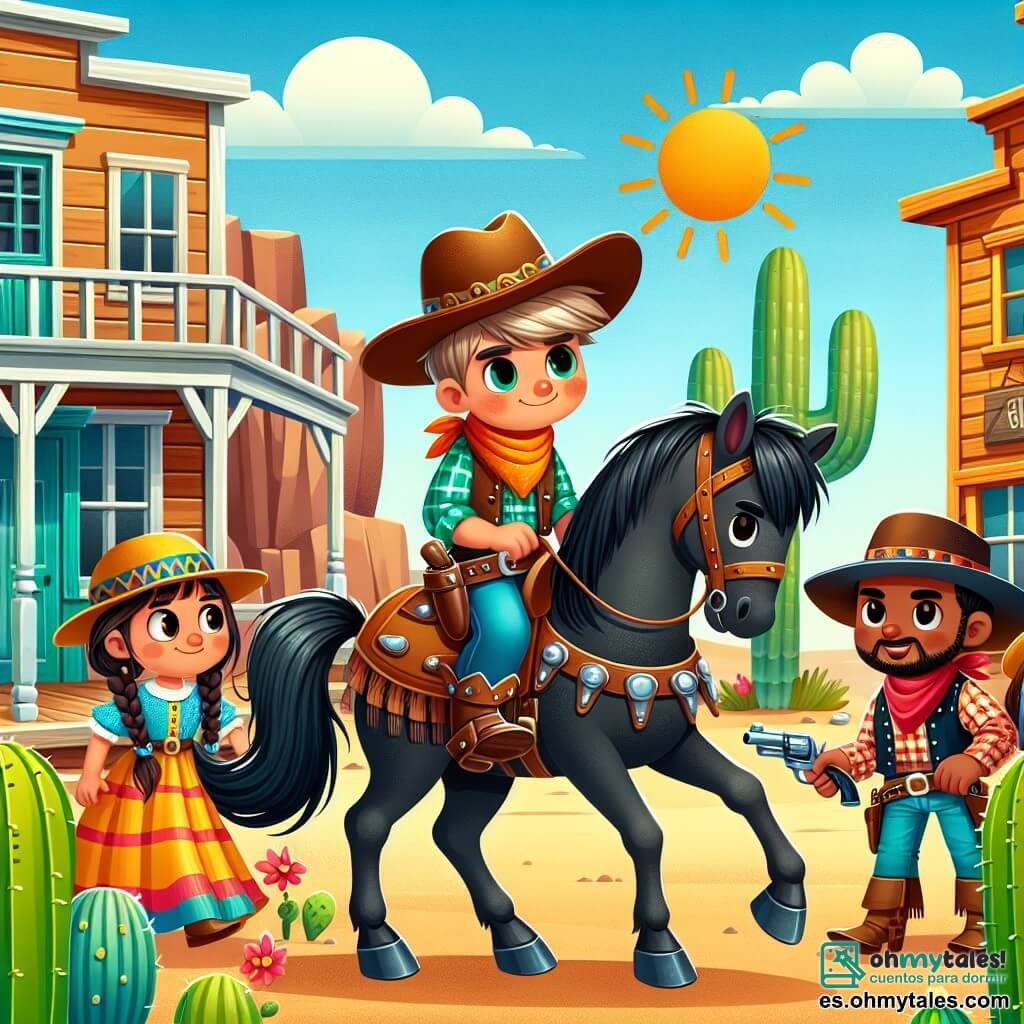 Une illustration sous forme de dessin destinée aux enfants représentant un village du Far West ensoleillé, avec des maisons en bois et des cactus, où un jeune homme courageux au grand chapeau de cowboy, aux bottes de cuir et à la chemise à carreaux, monte fièrement son cheval noir, tandis que deux de ses amis, une fille aux cheveux longs et tressés portant une robe colorée, et un garçon costaud avec un bandana autour du cou, l'observent avec admiration alors qu'ils se préparent à affronter des bandits qui ont volé de l'or, créant une atmosphère d'aventure et de camaraderie.