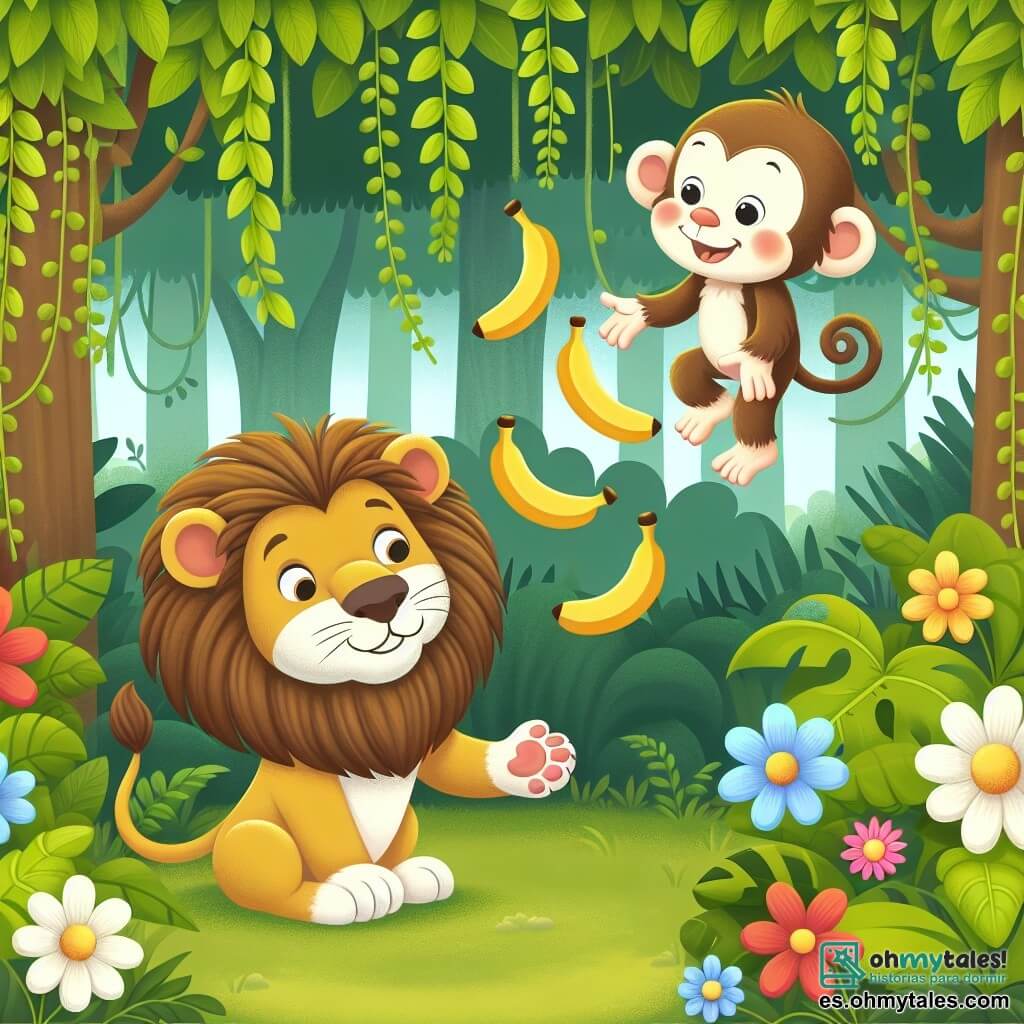Une illustration destinée aux enfants représentant un lion farceur tentant de jongler avec des bananes sous le regard amusé d'un singe facétieux, dans une forêt luxuriante remplie de lianes et de fleurs multicolores.