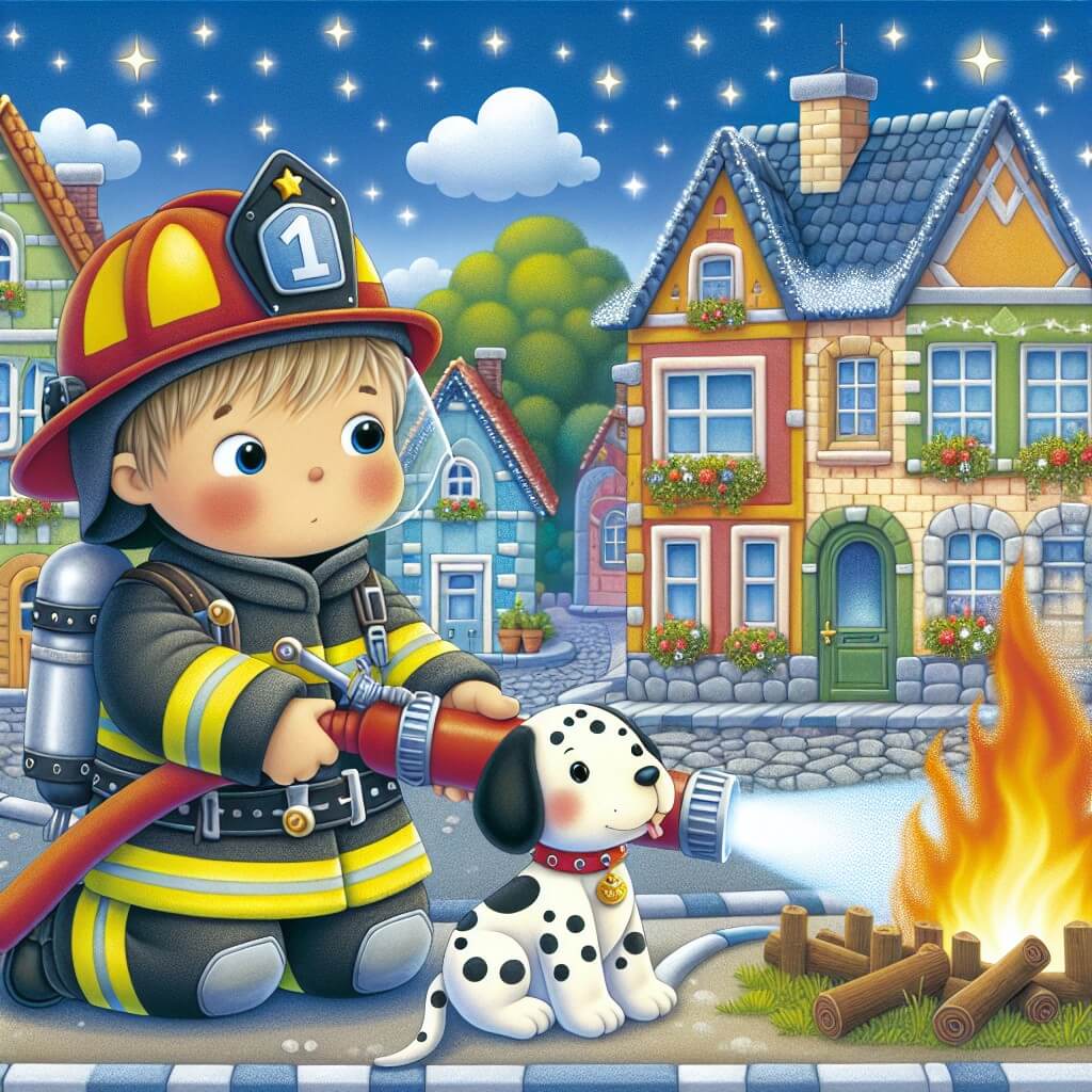 Une illustration destinée aux enfants représentant un courageux pompier, vêtu de sa tenue ignifugée, en train d'éteindre un incendie avec l'aide de son fidèle chien Dalmatien, dans une petite ville bordée de maisons colorées et de rues pavées scintillantes.
