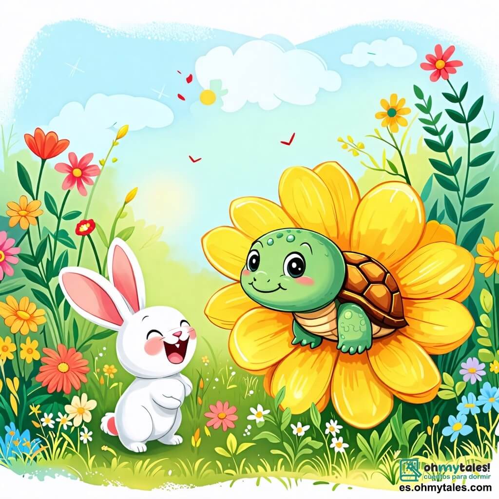 Une illustration sous forme de dessin destinée aux enfants représentant un jardin coloré rempli de fleurs éclatantes et de verdure luxuriante, où une tortue à la carapace verte et aux yeux pétillants se cache joyeusement derrière une grande fleur jaune, tandis qu'un petit lapin aux grandes oreilles et au pelage blanc s'approche en riant, cherchant sa copine dans une ambiance ludique et ensoleillée, capturant l'esprit d'un jeu de cache-cache amusant entre amis.