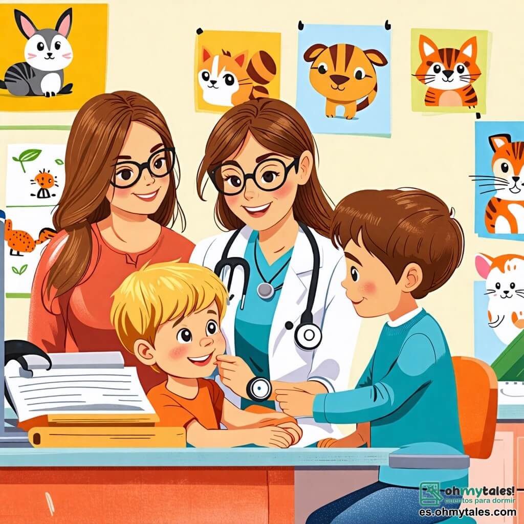 Une illustration sous forme de dessin destinée aux enfants représentant un cabinet médical coloré et accueillant, avec des murs ornés de dessins d'animaux, où une femme médecin souriante aux cheveux bruns et aux lunettes rondes examine un jeune garçon aux cheveux blonds, assis sur une table d'examen, tandis que sa maman, une femme aux cheveux châtains et au sourire rassurant, attend à côté, le tout dans une atmosphère chaleureuse et joyeuse, illustrant le moment où le médecin aide l'enfant à se sentir mieux.