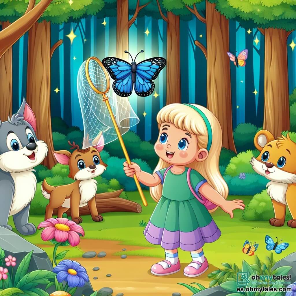 Une illustration destinée aux enfants représentant une petite fille curieuse découvrant une mariposa atrapada en una red de plástico en un bosque encanté de Verdevalle, avec la présence d'animaux curieux et bienveillants.