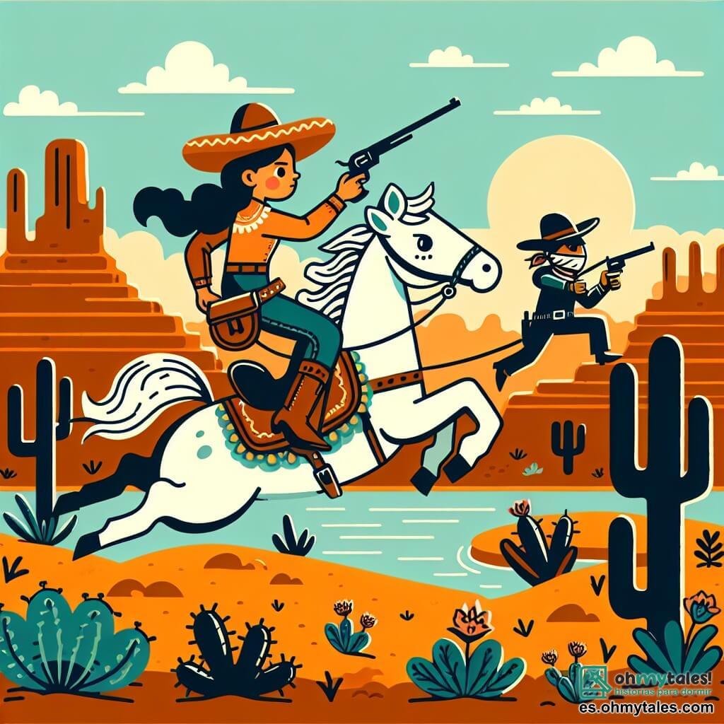 Une illustration destinée aux enfants représentant une courageuse cowgirl, chevauchant son fidèle destrier sous un ciel d'azur, poursuivant un bandit redoutable à travers les canyons arides et les cactus fleuris de l'Ouest sauvage, avec en toile de fond le soleil couchant embrasant l'horizon lointain.
