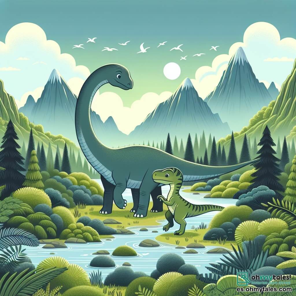Une illustration destinée aux enfants représentant un majestueux diplodocus curieux et aventureux, se liant d'amitié avec un petit velociraptor généreux, tandis qu'ils explorent un vaste et luxuriant paysage préhistorique rempli de verdoyantes forêts, de rivières scintillantes et de montagnes imposantes.