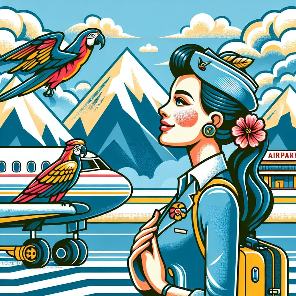 Une illustration destinée aux enfants représentant une pilote d'avion passionnée, qui rêve de voler à travers les nuages, accompagnée de son fidèle copilote, un perroquet coloré, dans un aéroport entouré de montagnes majestueuses et d'un ciel bleu sans fin.