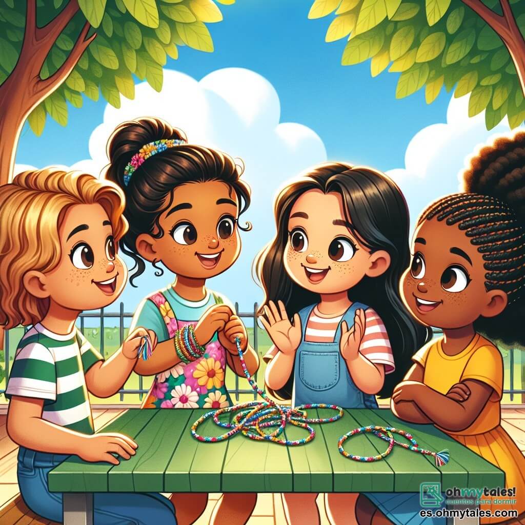 Ilustración que representa una escena alegre en un patio escolar colorido, rodeado de grandes árboles con hojas verdes y un cielo azul brillante. En el centro, cuatro niñas, de aproximadamente ocho años, están reunidas alrededor de una mesa de madera, cada una con una sonrisa radiante. La primera niña, de origen hispánico, tiene el cabello rizado castaño y lleva un vestido colorido con motivos florales. Está mostrando una hermosa pulsera hecha de hilos de colores. A su lado, una niña de origen asiático, con cabello negro liso y una trenza, lleva una camiseta a rayas y mira con admiración la pulsera. La tercera niña, de origen europeo, tiene el cabello rubio y pecas, lleva un short de mezclilla y aplaude con entusiasmo. Finalmente, la cuarta niña, de origen africano, tiene el cabello crespo y lleva un vestido amarillo. Sostiene una cuerda para saltar, lista para jugar. La escena principal muestra a las niñas aprendiendo juntas, compartiendo risas e historias, simbolizando la amistad y la tolerancia. Al fondo, otros niños juegan, creando una atmósfera de alegría e inclusión. Flores coloridas y dibujos de niños decoran las paredes del patio, añadiendo a la calidez y acogida de la ilustración.