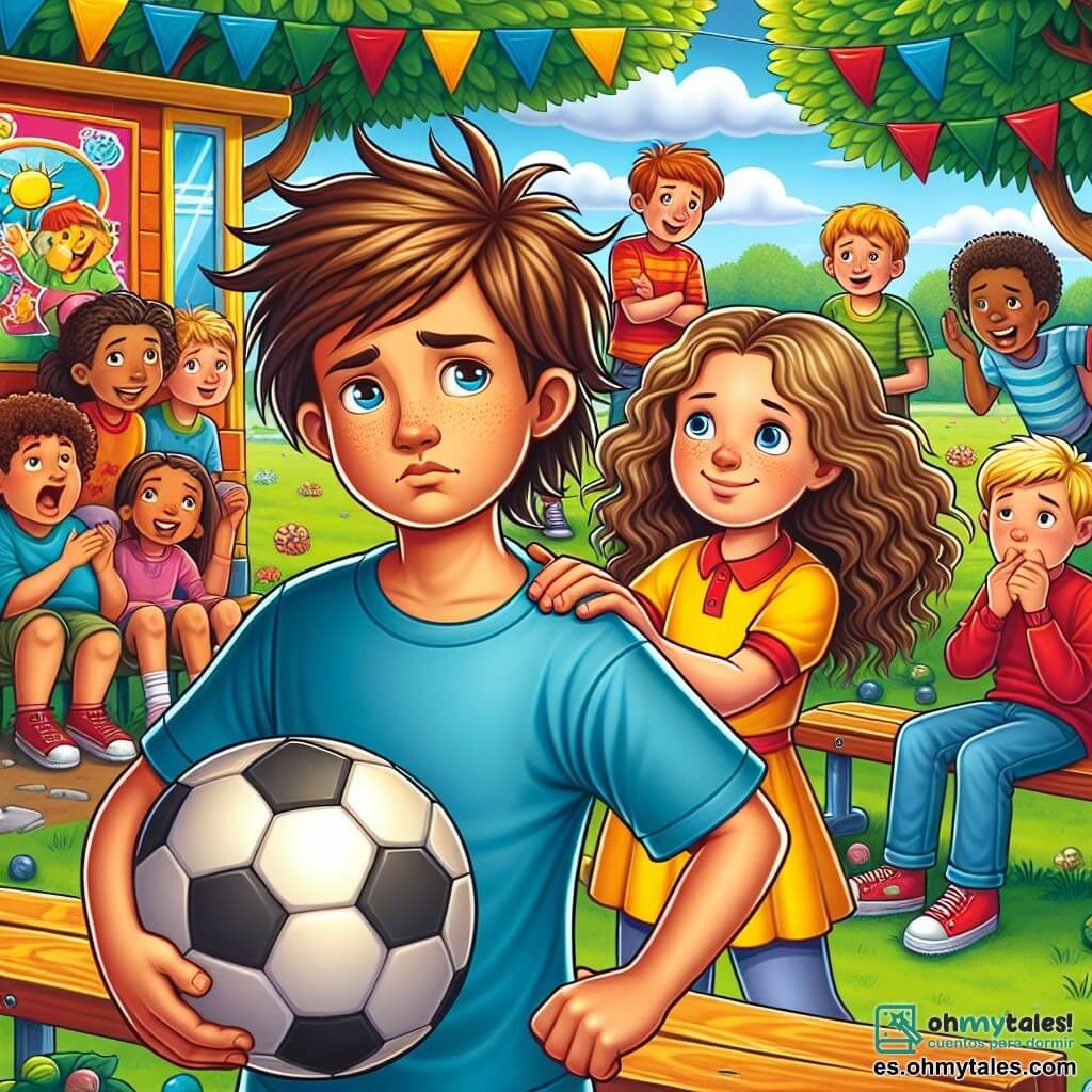 Ilustración que representa un patio de escuela animado, con árboles verdes y bancos coloridos. En primer plano, un niño de diez años, con cabello castaño desordenado y una camiseta azul, sostiene un balón de fútbol bajo el brazo, mostrando una expresión de determinación. A su lado, una niña de diez años, con cabello rizado y un vestido amarillo, sonríe y lo anima, mientras que otro niño, un poco mayor, con cabello rubio y un suéter rojo, se mantiene al margen, con aire pensativo. En el fondo, un grupo de niños observa la escena, algunos sonriendo y otros mostrando signos de preocupación. La situación principal muestra al niño con el balón de fútbol tomando coraje para defender a sus amigos de las burlas, mientras que el mensaje "No al acoso" se muestra en un gran cartel colorido colgado de un árbol. Los colores vivos y las expresiones faciales variadas añaden vida a esta ilustración, simbolizando la importancia de la amistad y el respeto.