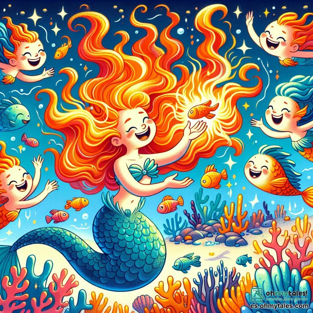 Une illustration destinée aux enfants représentant une sirène joyeuse aux cheveux flamboyants et ondulants comme des algues dansantes, avec des écailles scintillantes qui reflètent les rayons du soleil à travers les vagues, se trouvant dans un monde sous-marin féerique rempli de coraux multicolores, de poissons rieurs et de coquillages étincelants, alors qu'elle tente de capturer un poisson espiègle et malicieux qui s'amuse à lui échapper, entourée de ses amies sirènes aux rires cristallins et aux voix mélodieuses, toutes prêtes à l'aider dans cette quête amusante au cœur d'un océan vibrant de vie et de magie.