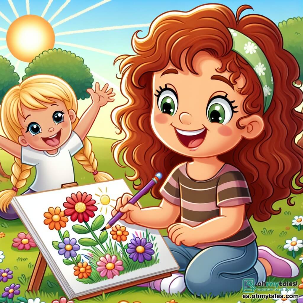 Une illustration sous forme de dessin destinée aux enfants représentant une scène vibrante dans un parc ensoleillé de Valle Verde, où une fille de 7 ans aux cheveux castaños et bouclés, avec un sourire rayonnant, est assise sur l'herbe, concentrée sur son dessin coloré de fleurs et d'arbres, tandis qu'à ses côtés, une amie aux cheveux blonds et tressés l'encourage avec enthousiasme, créant une atmosphère joyeuse et inspirante qui illustre la confiance en soi et la passion pour l'art.