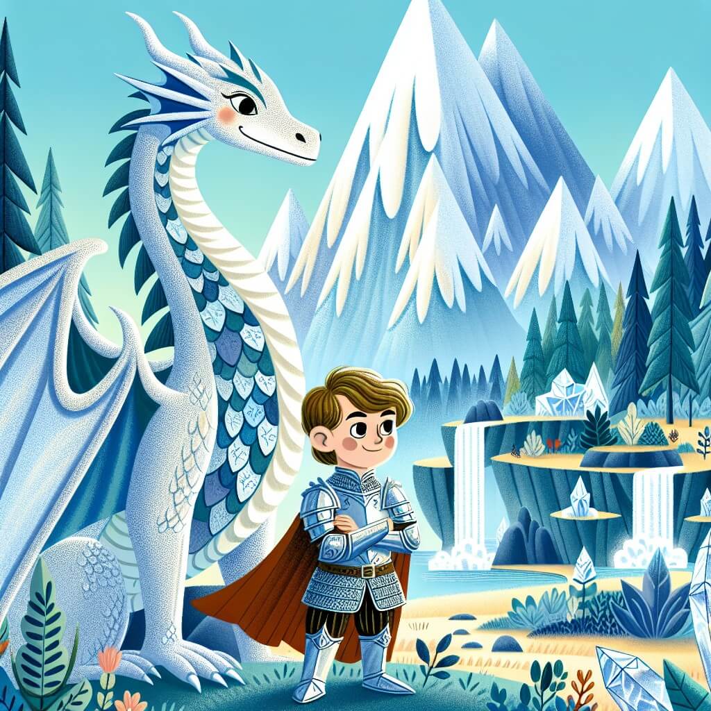 Une illustration destinée aux enfants représentant un jeune homme courageux, vêtu d'une armure étincelante, se tenant devant la majestueuse Montagne des Dragons, où il est accompagné d'un sage dragon aux écailles scintillantes, dans un paysage féerique rempli de cascades cristallines et de forêts enchantées.