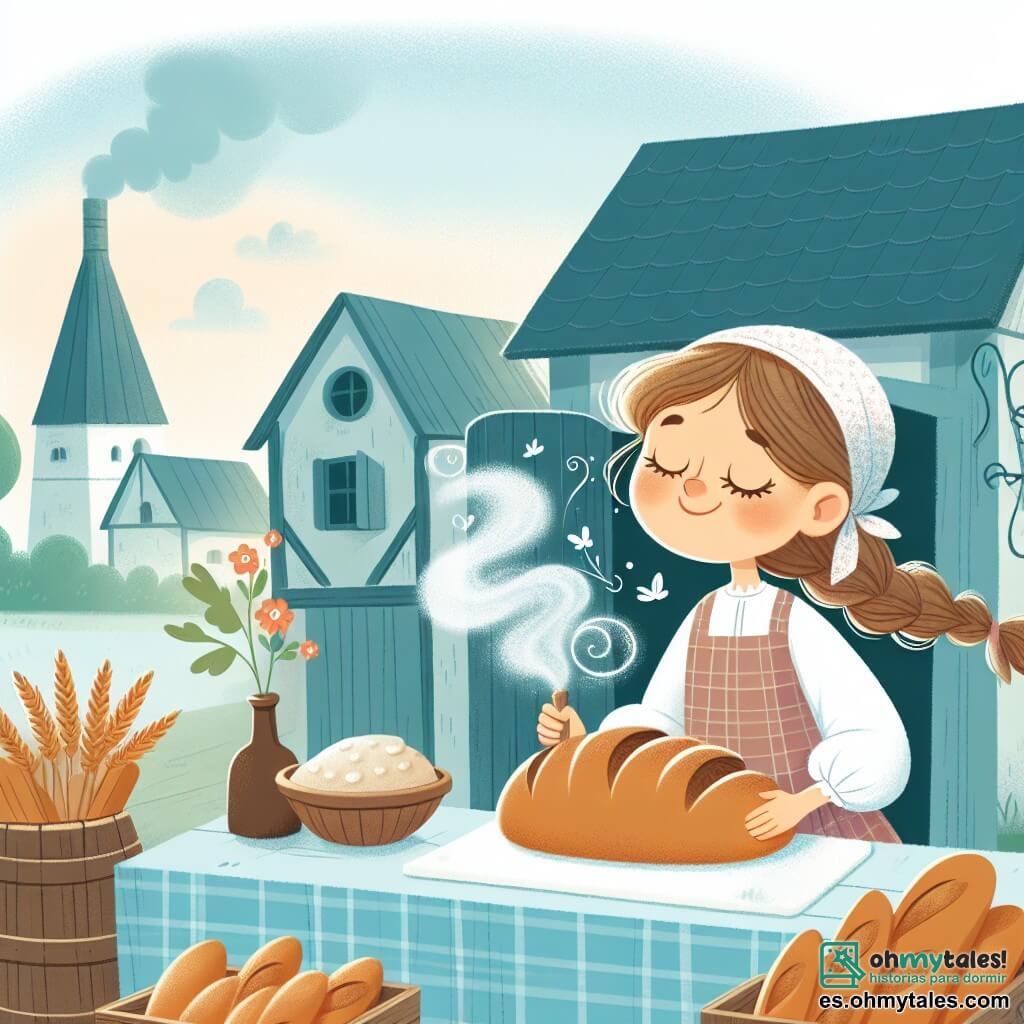 Une illustration destinée aux enfants représentant une jeune fille passionnée par la boulangerie, travaillant aux côtés de sa mère dans une charmante boulangerie de campagne, avec le doux parfum du pain frais flottant dans l'air.