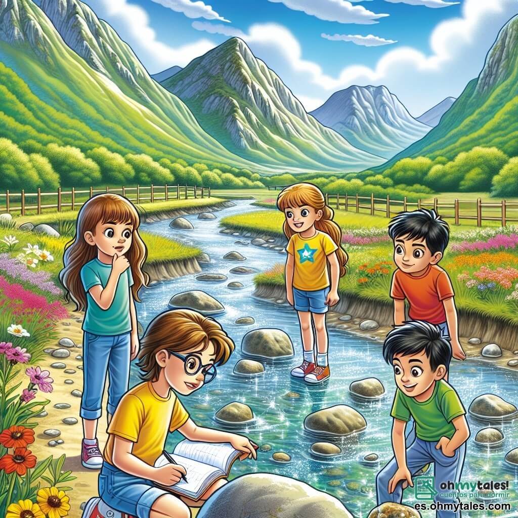 Ilustración que representa un hermoso paisaje del valle de VerdeClaro, con montañas verdes de fondo y un cielo azul salpicado de nubes blancas. En primer plano, un pequeño arroyo brillante, apenas lleno de agua, serpentea entre piedras lisas y flores coloridas que bordean sus orillas. En esta escena, cinco niños están cerca del arroyo: una niña de 11 años con cabello largo y castaño, que lleva una camiseta amarilla y un short de mezclilla, observa el arroyo con expresión preocupada. A su lado, un niño de 11 años con cabello castaño y gafas, vestido con una camiseta azul, toma notas en un cuaderno. Otro niño, de 11 años, con cabello negro y una sonrisa brillante, está sentado en una silla de ruedas, mirando atentamente el arroyo. Otra niña, de 11 años, con cabello rubio y gafas de sol, señala una piedra visible en el fondo del arroyo, mientras que un niño de 11 años, con cabello rojizo y una camiseta verde, se inclina para examinar las flores. La situación principal muestra a los niños preocupados por el bajo nivel de agua del arroyo, discutiendo juntos y buscando soluciones para salvar su entorno. Elementos gráficos adicionales incluyen mariposas coloridas volando a su alrededor, pájaros cantando en los árboles y paneles de madera con mensajes sobre la protección del agua, creando una atmósfera de urgencia y camaradería.