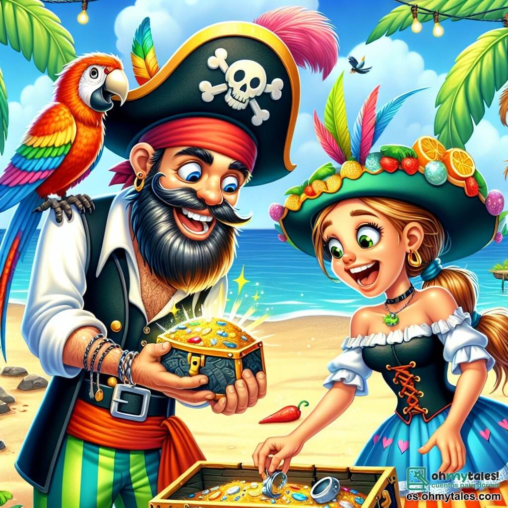 Une illustration sous forme de dessin destinée aux enfants représentant une scène vibrante sur la plage de l'Île des Tesoros, où un homme pirate à la barbe hirsute et au tricorn noir, vêtu d'une chemise blanche et d'un gilet coloré, examine avec excitation un ancien trésor scintillant, tandis qu'une femme pirate joyeuse, portant un chapeau de fruits et une jupe colorée, prépare des gâteaux de pirate à ses côtés, et un perroquet énergique aux plumes multicolores vole autour d'eux, le tout sous un ciel bleu éclatant et des palmiers dansants, illustrant l'esprit d'aventure et d'amitié de leur quête pour le trésor légendaire.