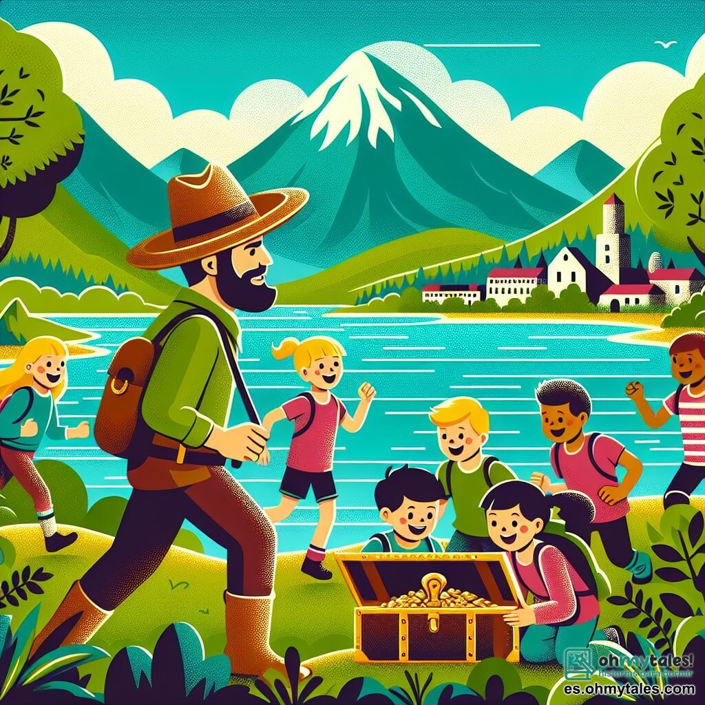 Une illustration destinée aux enfants représentant un homme arborant un sombrero de paille et des bottes poussiéreuses, découvrant un trésor ancien aux côtés de jeunes enfants enthousiastes, dans une ville pittoresque entourée de montagnes verdoyantes et de rivières scintillantes.