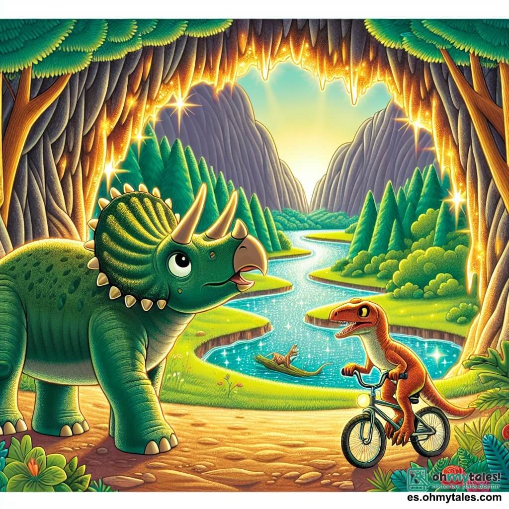 Une illustration destinée aux enfants représentant un tricératops curieux et aventurier se tenant à l'entrée d'une mystérieuse grotte brillamment éclairée, accompagné d'un vélo velociraptor, dans un magnifique valle rempli d'arbres verdoyants et de rivières scintillantes.
