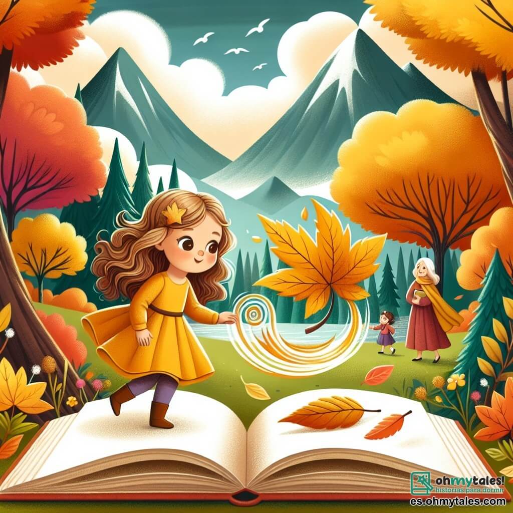 Une illustration destinée aux enfants représentant une petite fille aux cheveux bouclés, vêtue d'une robe jaune, qui découvre l'automne en observant une feuille dorée tourbillonner dans un parc rempli d'arbres aux couleurs chatoyantes et de montagnes majestueuses en arrière-plan, accompagnée de sa maman qui tient un livre ouvert sur les merveilles de cette saison.