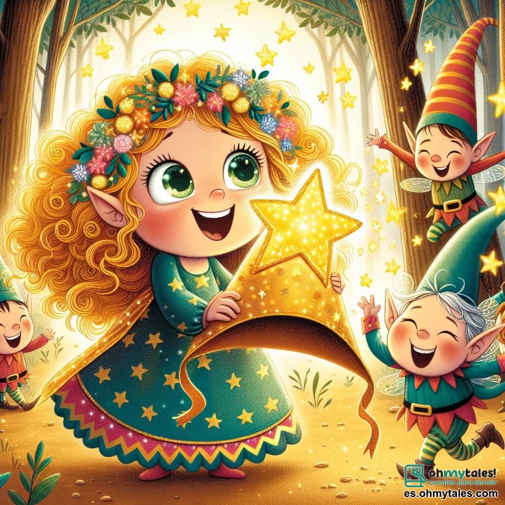 Une illustration sous forme de dessin destinée aux enfants représentant un clair de forêt enchanté, baigné de lumière dorée, où une fille de 11 ans aux cheveux bouclés dorés et aux yeux verts pétillants, vêtue d'une robe colorée, se tient au centre, souriante et tenant un grand chapeau magique décoré d'étoiles, entourée de petits duendes espiègles aux chapeaux pointus et aux visages rieurs, qui dansent et lancent des étincelles de magie dans l'air, capturant l'instant où ils s'apprêtent à organiser une fête joyeuse pour retrouver le chapeau perdu de la reine des fées.