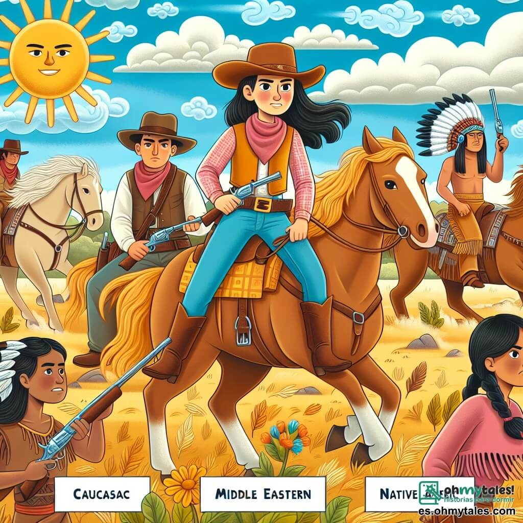 Une illustration destinée aux enfants représentant une cowgirl courageuse, affrontant des bandits avec l'aide de tribus amérindiennes, dans les vastes plaines ensoleillées et ventées de l'Ouest américain.