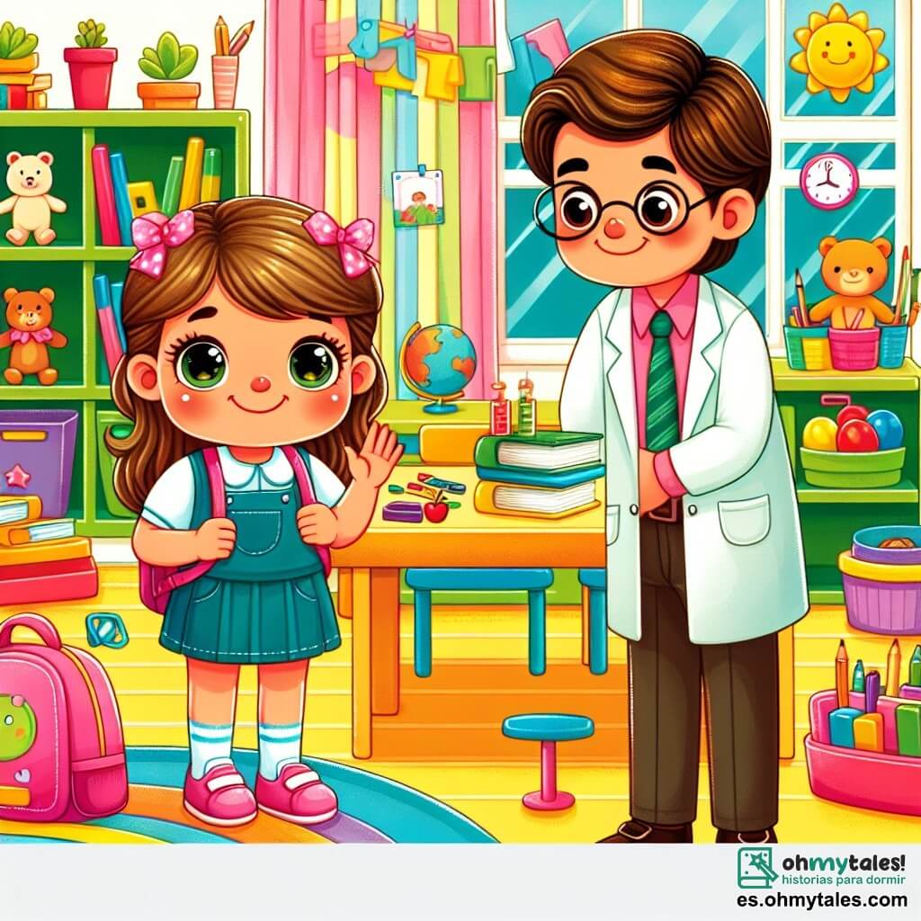 Une illustration destinée aux enfants représentant une petite fille timide qui fait face à son premier jour d'école, accompagnée d'un nouvel ami amical, dans une salle de classe colorée remplie de jouets et de livres.