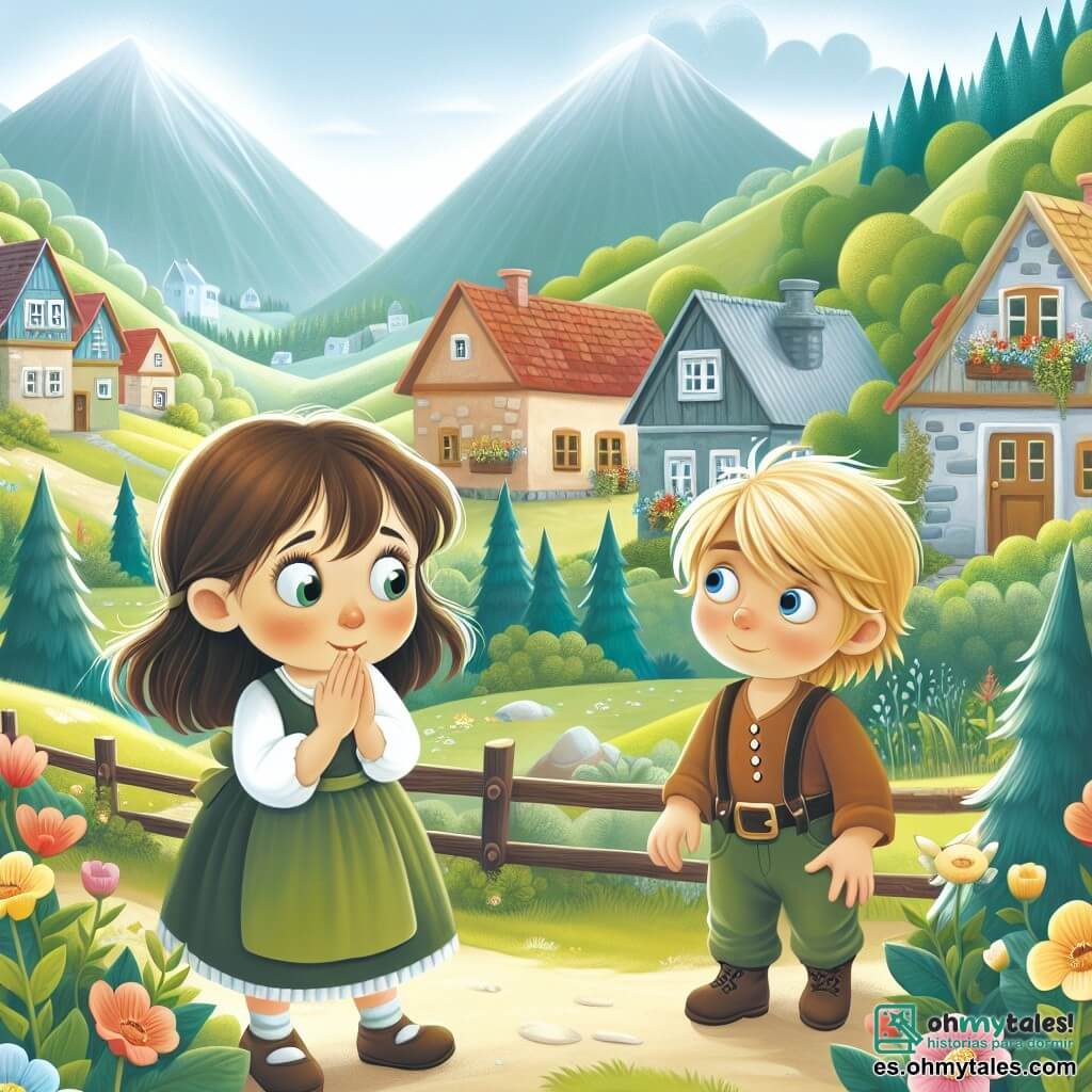Une illustration destinée aux enfants représentant une petite fille curieuse, une rencontre inattendue avec un nouvel ami timide, dans un village entouré de montagnes verdoyantes et de maisons colorées.